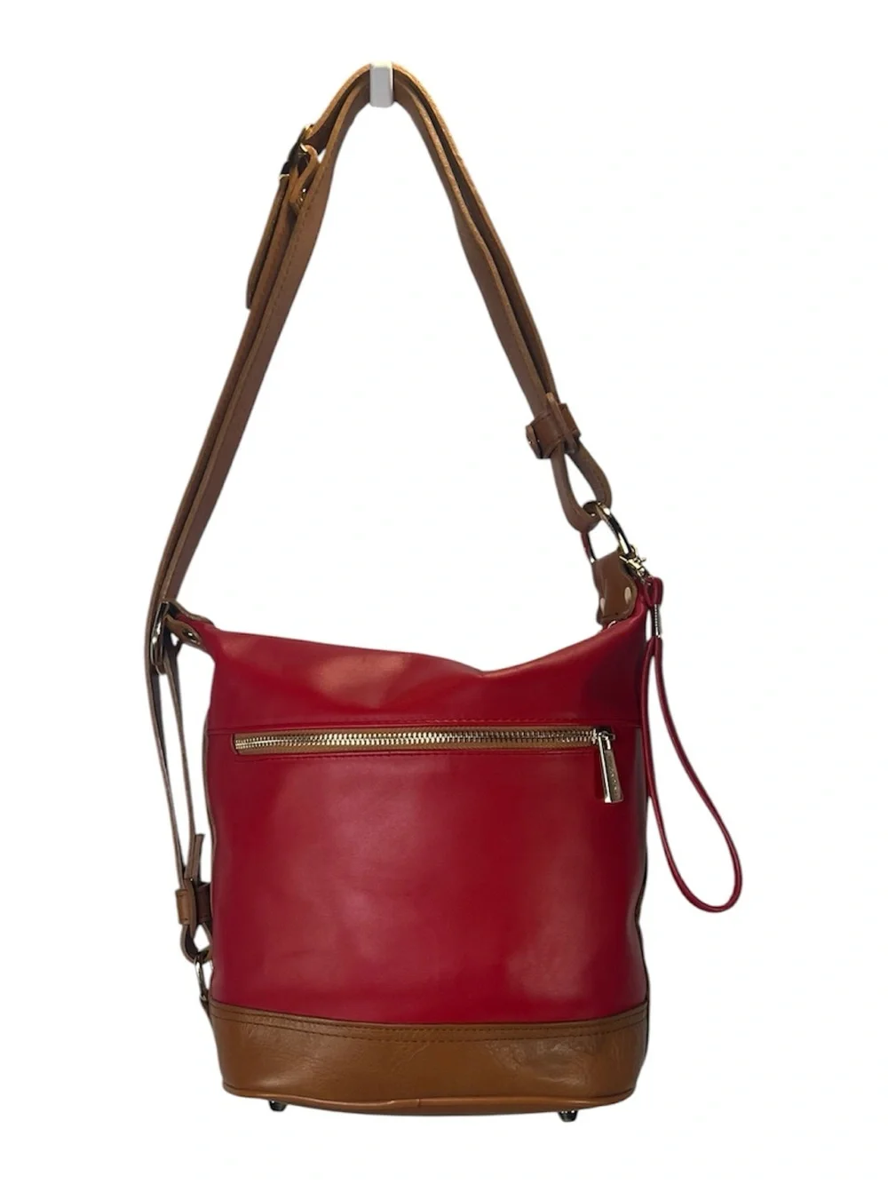 Vintage Valentina Italian Leather Convertible Backpack Bucket Bag Red/Tan